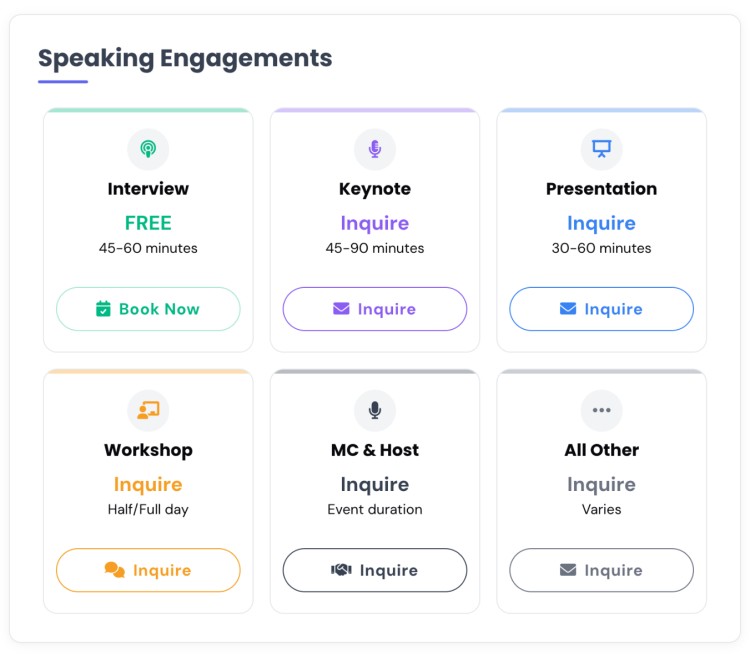 A Talks.co speaking engagement section showing booking and inquiry options for potential podcast guests including interviews, keynotes, presentations, workshops, and hosting opportunities