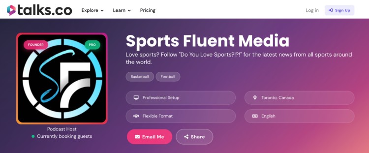 Sports Fluent Media profile on Talks.co showing how one sheet is a simple and effective way for podcast hosts to display show details, topics, and booking options.