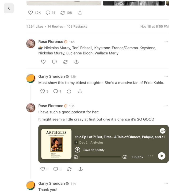 Comments section showing readers recommending a podcast, demonstrating how substack is a good place for community interaction and conversation.