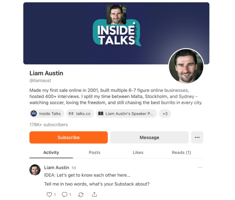 Liam Austin Substack profile page showing a clear substack overview of his subscribers, bio, and recent activity.