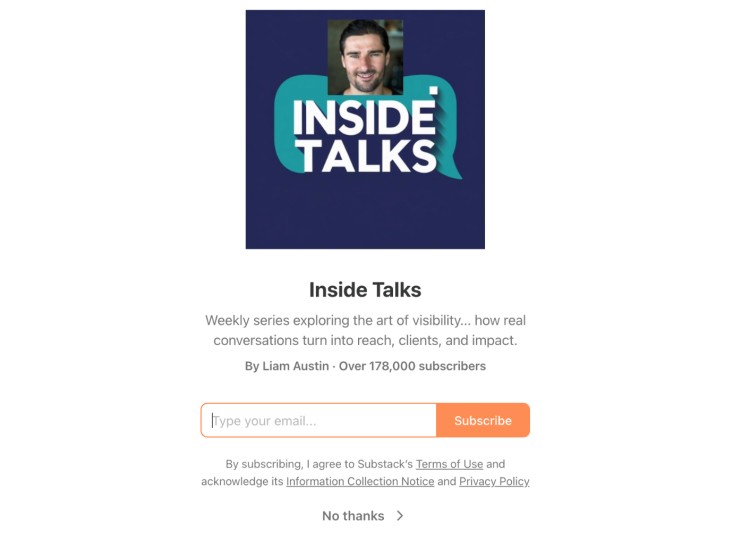 Inside Talks newsletter preview showing what substack provides to readers, including a subscription box and summary of the series.