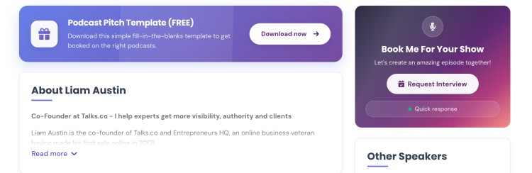 Screenshot of a Talks.co speaker profile featuring a free podcast pitch template and booking section for Liam Austin, offering tips and lessons for getting booked on podcasts.