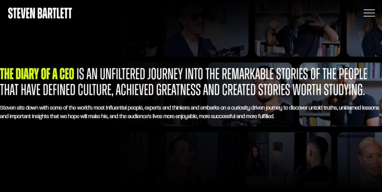 Homepage screenshot of The Diary of a CEO highlighting the podcast’s storytelling genre and focus on influential guests.