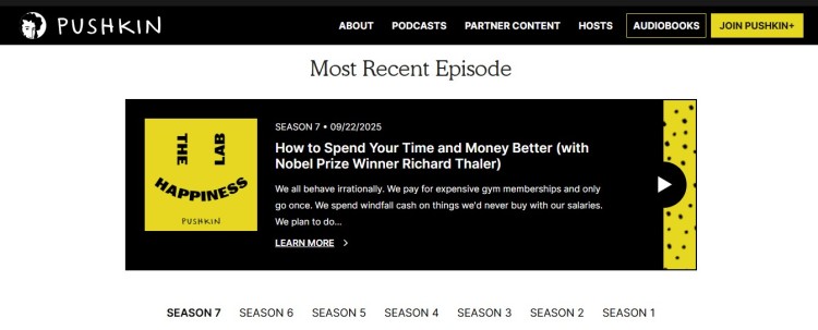 Screenshot of The Happiness Lab webpage showing an in-depth episode featuring Nobel Prize winner Richard Thaler.