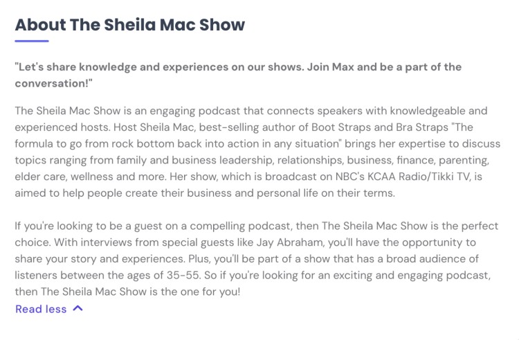 Description of The Sheila Mac Show highlighting the host’s experience as a best-selling author and expert podcaster who interviews guests on topics like leadership, wellness, and business growth.