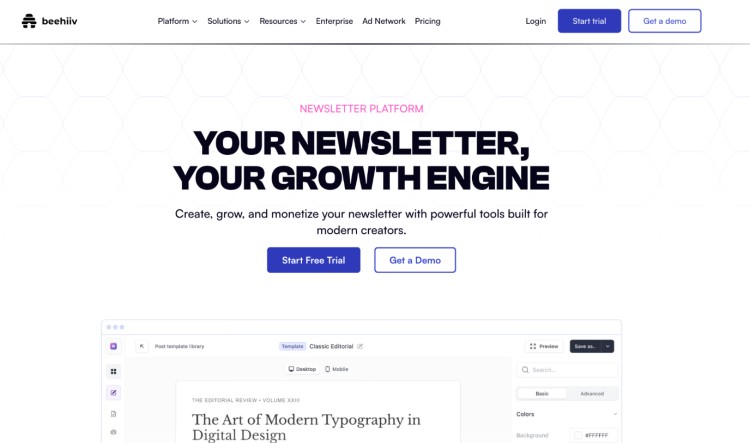 Homepage screenshot showing why creators use beehiiv to grow, monetize, and run a modern newsletter