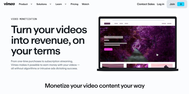 Vimeo homepage promoting tools for creators to monetize video podcasts through one-time purchases, subscriptions, and ad-free streaming.