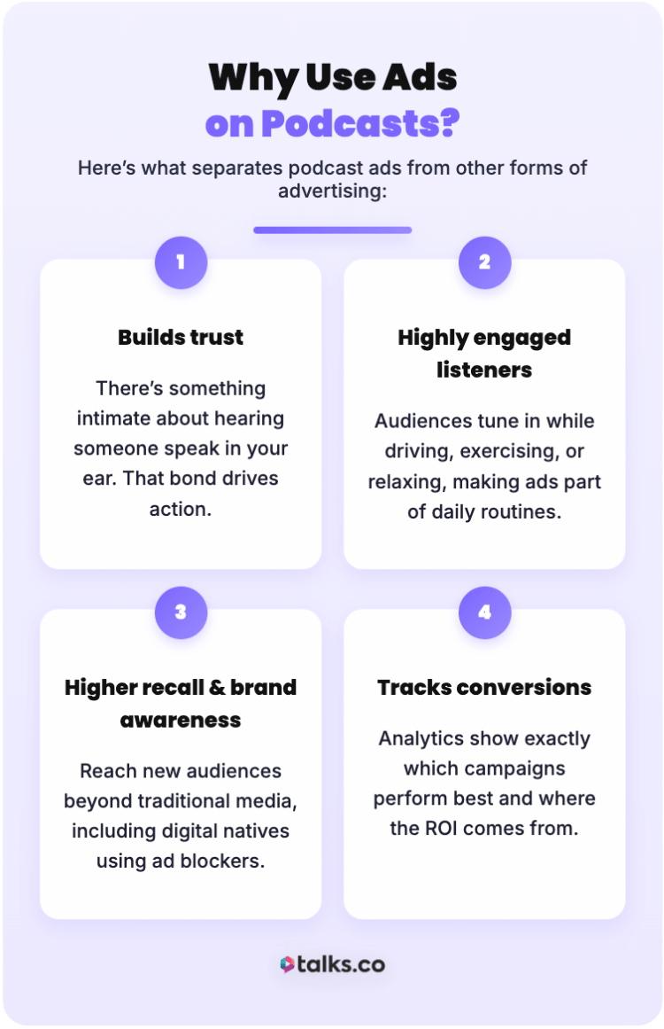 Infographic explaining why podcast ads are effective and how they help brands reach your audience by building trust, increasing engagement, boosting recall, and tracking conversions.