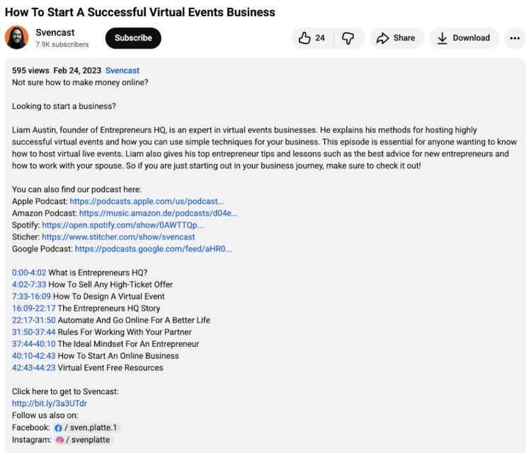 Screenshot of a YouTube video description demonstrating how a detailed show note can summarize episode topics, include timestamps, and link to podcast platforms.
