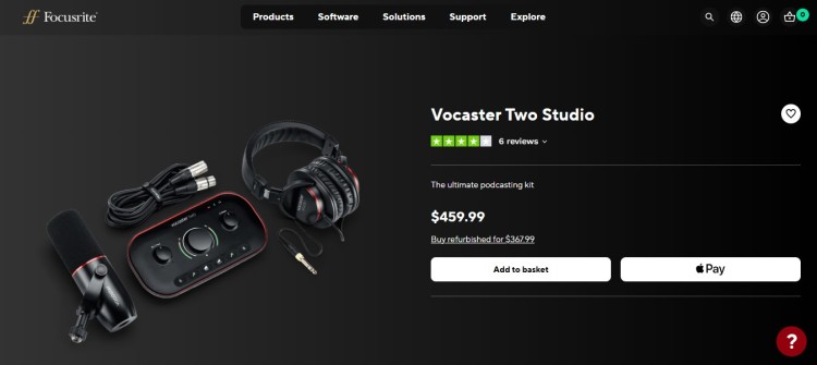 Vocaster Two Studio kit including microphone, interface, cables, and headphones, shown as an affordable podcast setup for creators wanting professional-quality audio.