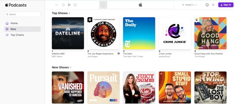 Apple Podcasts app showing top shows and new releases featured on apple podcasts.