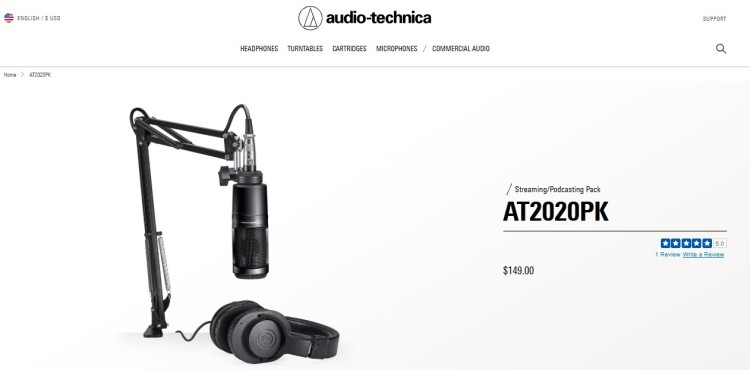 Audio-Technica AT2020PK podcaster bundle displayed with microphone, boom arm, and headphones on a clean white background.