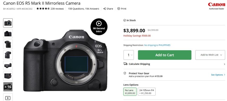 Canon EOS R5 Mark II mirrorless camera product page showing professional gear often used to film a brand-new podcast for YouTube or video platforms.