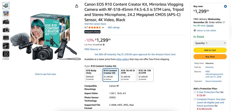 Canon EOS R10 content creator kit shown on a product page, featuring mirrorless camera, microphone, and tripod, positioned as a best podcasting camera setup for video creators.