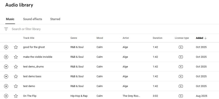 Audio library interface helping creators choose music for podcasts by genre, mood, duration, and license type.