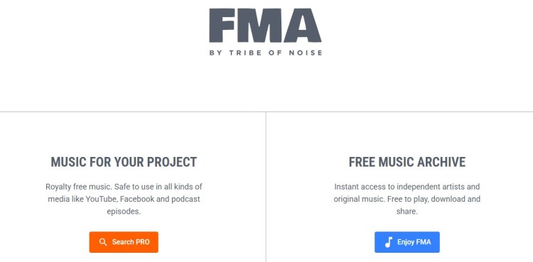 Free Music Archive homepage showing a legal alternative to copyrighted music for podcasts, videos, and online media projects.