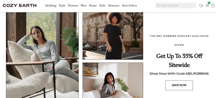 Cozy Earth website showing a promotional podcast ad offer for up to 35 percent off using code MELROBBINS, alongside lifestyle images of models wearing Cozy Earth clothing.