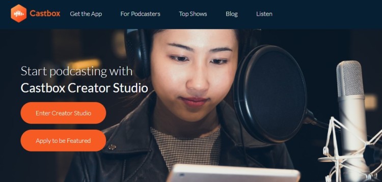 Create your podcast using Castbox Creator Studio, showing a podcaster recording audio and accessing the Castbox publishing platform.