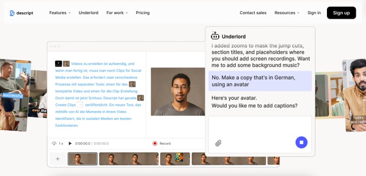 Descript editing dashboard showing AI-assisted tools that help a podcast creator edit video, add captions, and generate multilingual versions.