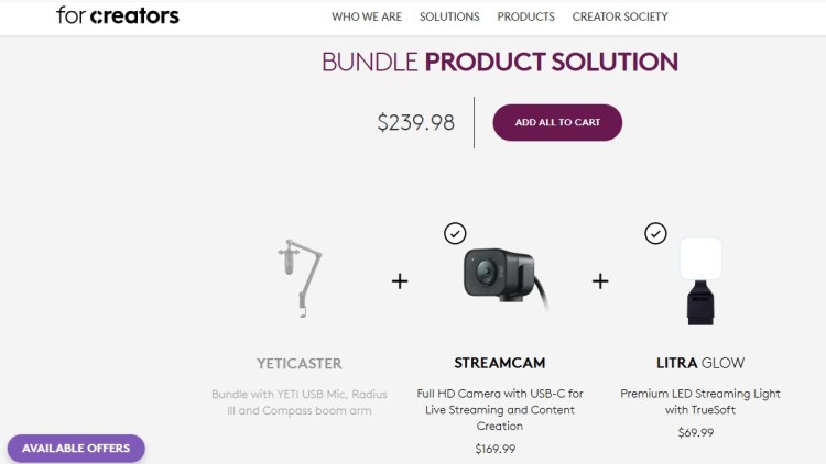 Creator bundle displaying microphone arm, StreamCam, and Litra Glow light as a complete setup for producing different podcast styles and video content.