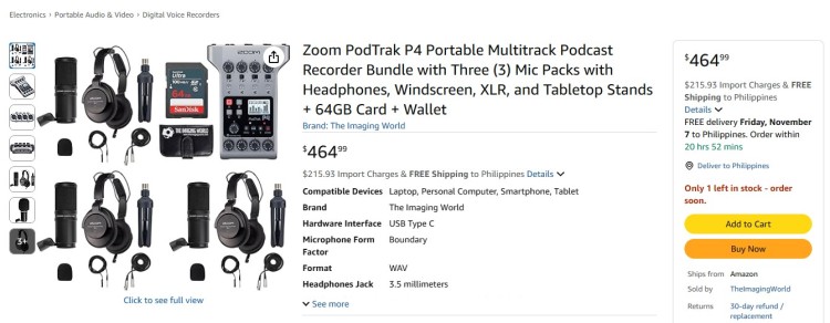 Full Zoom PodTrak P4 podcast bundle with microphones, headphones, stands, and accessories, showing the equipment you need to start recording a multitrack podcast setup.