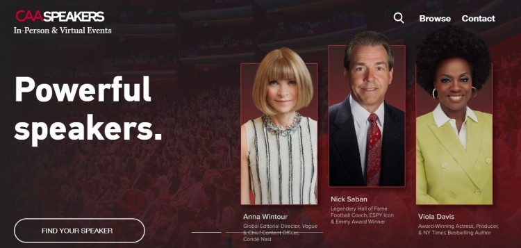 Speakers bureau website showcasing keynote speakers available for in-person and virtual events