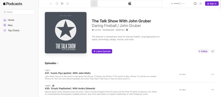 Apple Podcasts page showing a famous talk show, The Talk Show with John Gruber, featuring technology and media discussions.