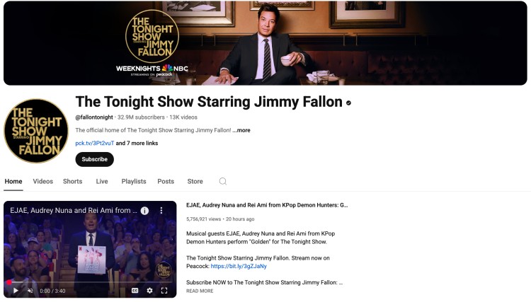 YouTube channel homepage of a famous talk show, The Tonight Show Starring Jimmy Fallon, featuring interviews, comedy segments, and celebrity guests.