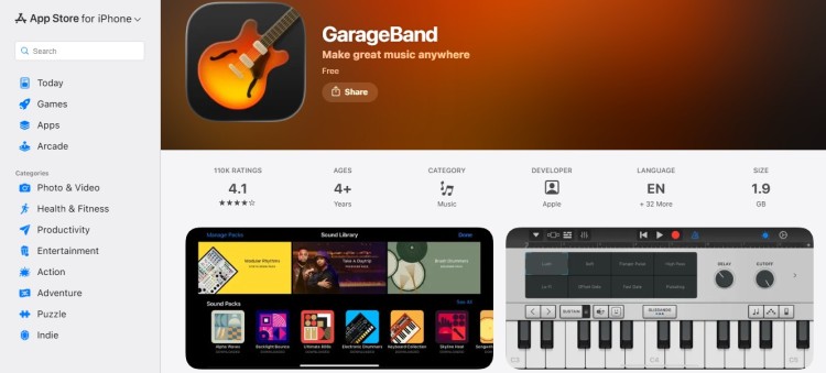 GarageBand app page in the App Store showing its music tools and interface, often used by beginners for creating a great podcast with simple editing features.