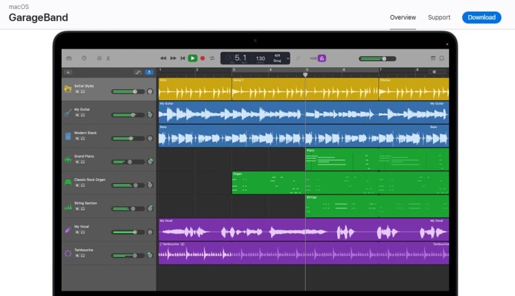 GarageBand interface shown as a podcasting tool for recording and editing multi-track audio.