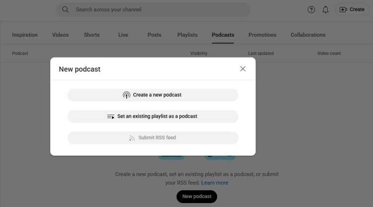 Guide for podcasters who want to upload a podcast on YouTube using the new podcast creation options in YouTube Studio.
