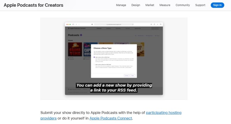 Guide to submit a podcast using Apple Podcasts Connect by adding a show via an RSS feed.