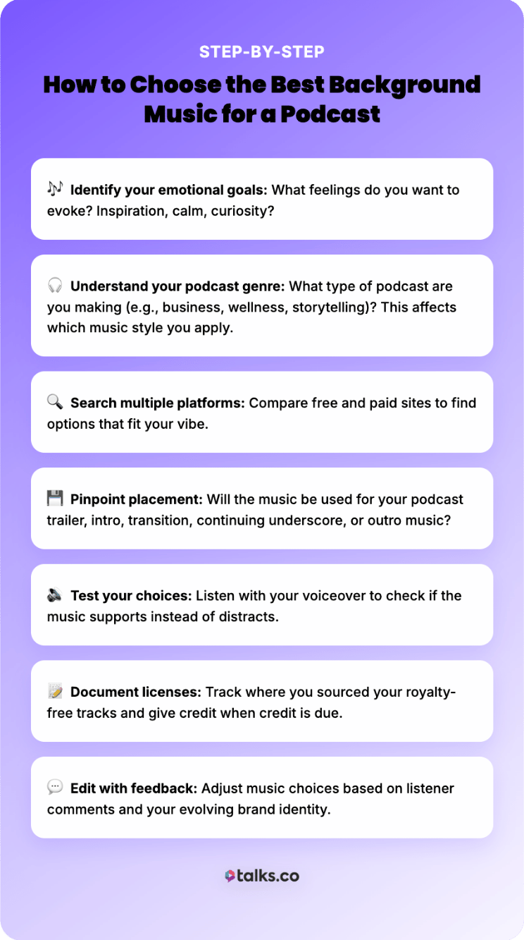 Step-by-step checklist graphic to choose the perfect background music for a podcast based on emotion, genre, placement, and listener feedback.
