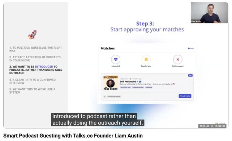 Podcast guest workflow showing how matches are approved inside Talks.co to get introduced to podcasts.