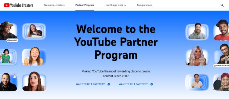 YouTube Partner Program homepage showing how creators can earn money on youtube through ads, memberships, and creator monetization features.