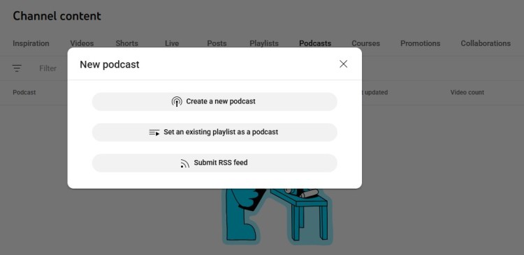 YouTube Studio interface showing options to record and edit your podcast by creating a new podcast, using a playlist, or submitting an RSS feed.