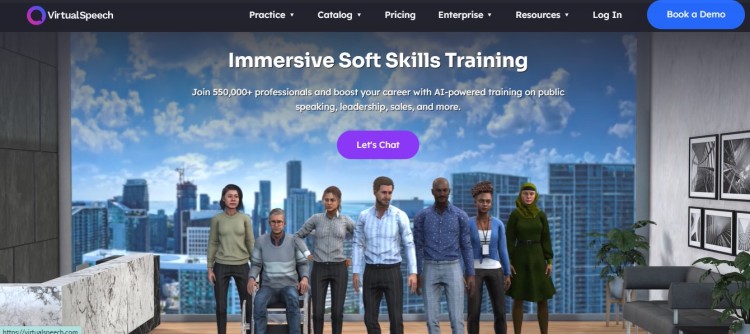 Immersive soft skills training platform showing virtual team members in a simulated workplace, designed to help an organization improve public speaking, leadership, and communication skills.