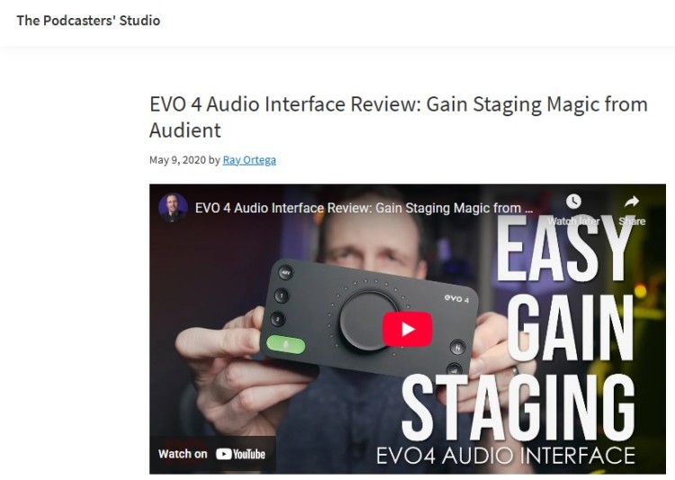 Impactful EVO 4 audio interface review showing gain staging controls for clearer and more impactful podcast audio.