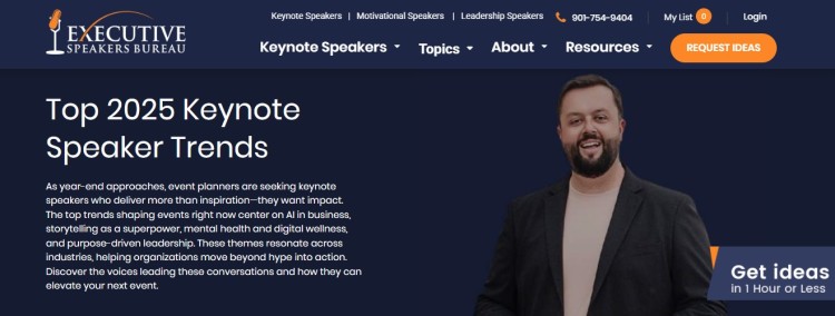 Executive Speakers Bureau page highlighting keynote trends and different speakers for events