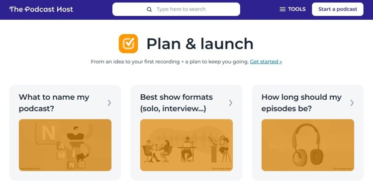 The Podcast Host website plan and launch section helping beginners learn how to start a podcast with naming, format, and episode planning guidance.