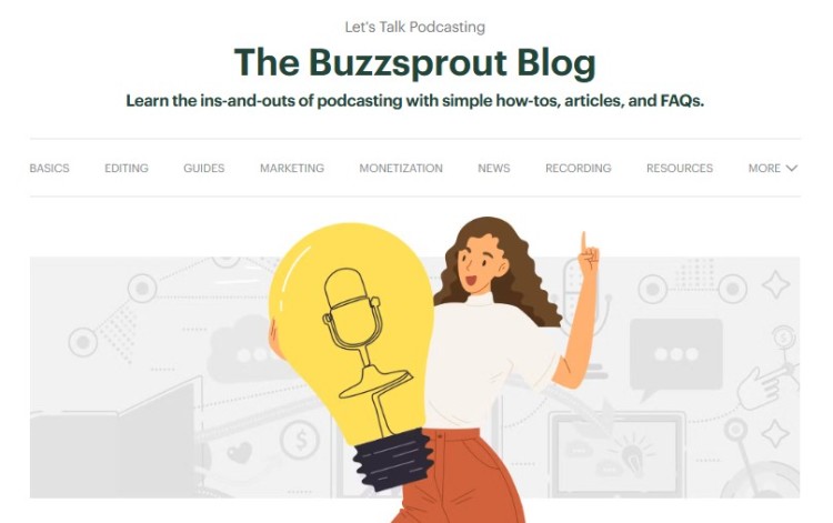 Illustration from the Buzzsprout Blog showing resources and guides to help creators learn podcasting step by step.