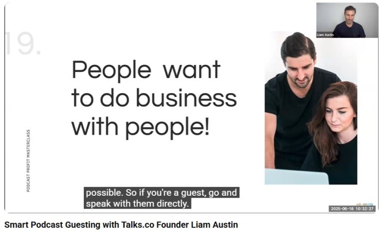 Liam Austin presenting a masterclass slide that says “People want to do business with people,” used to explain how podcast advertising work in relationship-based marketing.