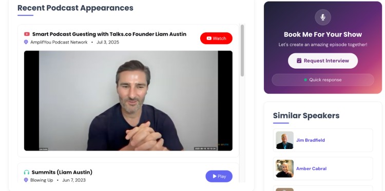 Liam Austin featured in recent podcast appearances on his Talks.co profile, with video content displayed alongside booking and similar speaker options.
