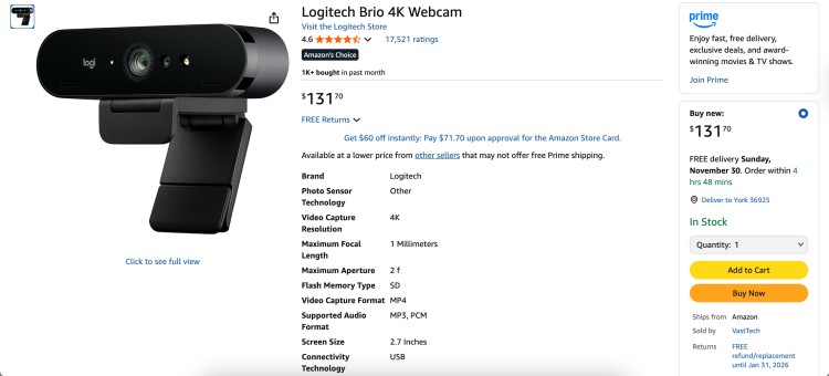Logitech Brio 4K best podcast camera webcam shown on an Amazon product page for high-quality video podcast recording.