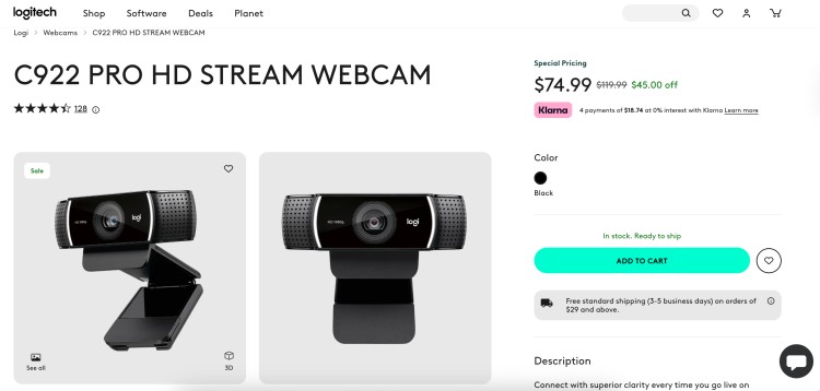 Logitech C922 Pro HD webcam displayed on the product page, a good podcast camera option for recording and live streaming video content.