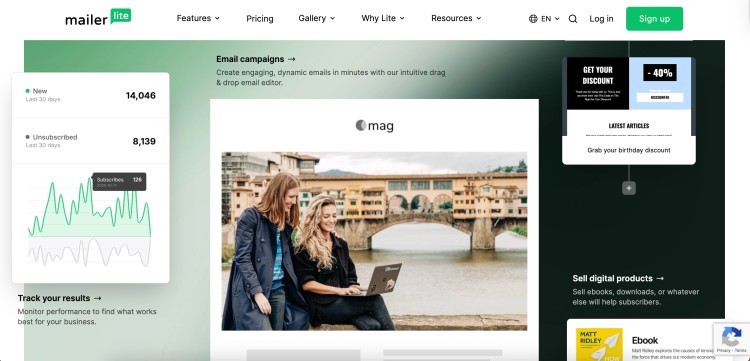 Screenshot of MailerLite’s dashboard showing analytics, email campaign builder, and digital product tools, highlighting why it is considered one of the best tools for online creators.