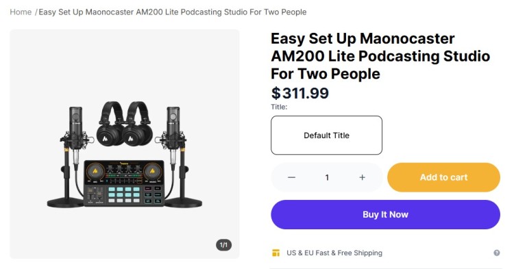 Maonocaster AM200 Lite podcasting studio bundle showing microphones, headphones, and mixer as a complete setup for two people.