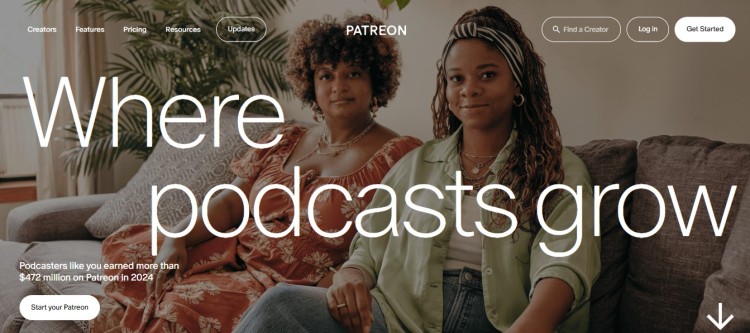 Homepage image of Patreon showing creators using memberships and subscriptions to support your podcast and grow a loyal audience.