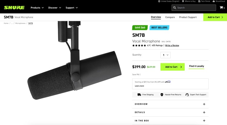 Shure SM7B vocal microphone shown on the product page, a popular broadcast mic often compared to options like the sm7b for podcasting and voice recording.