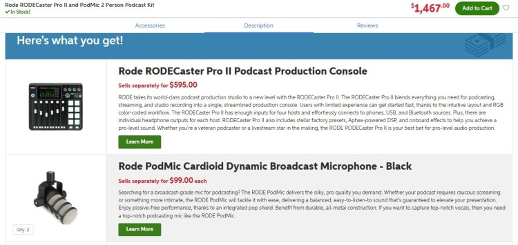 Product listing showing the Rode RODECaster Pro II console and PodMic microphone bundle designed for podcast production, with prices and feature descriptions.